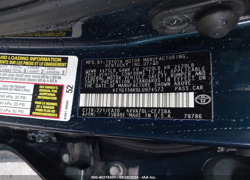 2020 TOYOTA CAMRY SE VIN: 4T1G11AK0LU974572