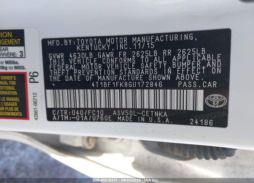 2016 TOYOTA CAMRY LE VIN: 4T1BF1FK8GU172846