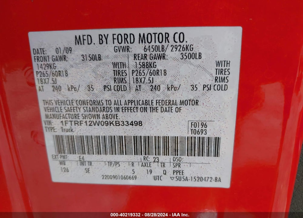 2009 FORD F-150 STX VIN: 1FTRF12W09KB33498