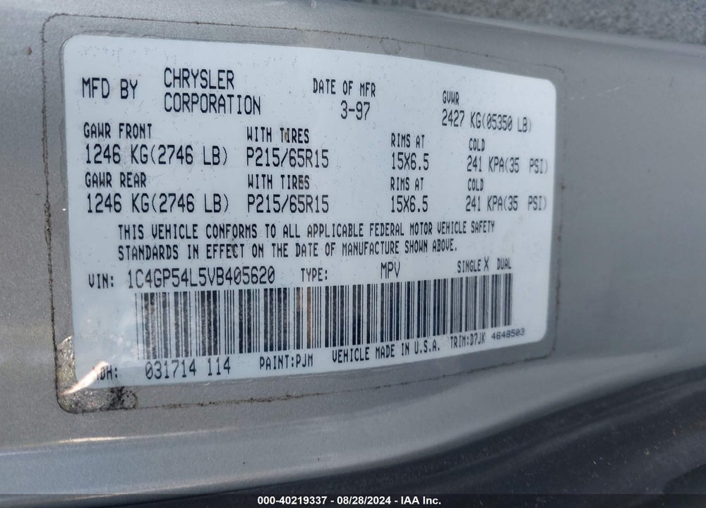 1997 CHRYSLER TOWN & COUNTRY LX VIN: 1C4GP54L5VB405620