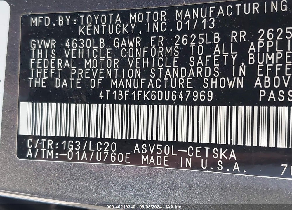 2013 TOYOTA CAMRY SE VIN: 4T1BF1FK6DU647969