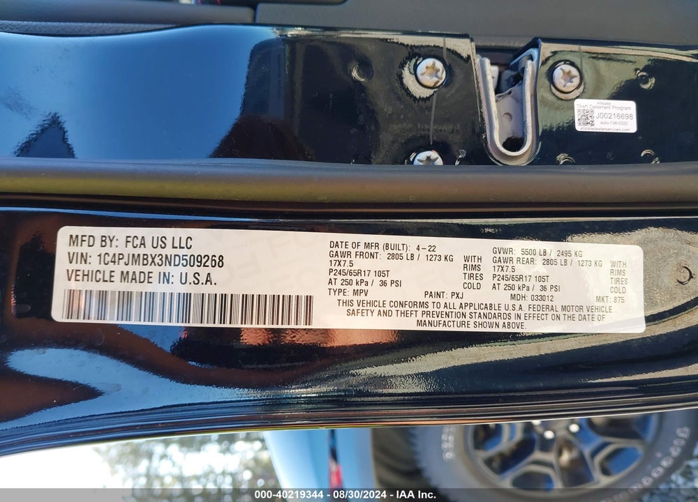 2022 JEEP CHEROKEE TRAILHAWK 4X4 VIN: 1C4PJMBX3ND509268