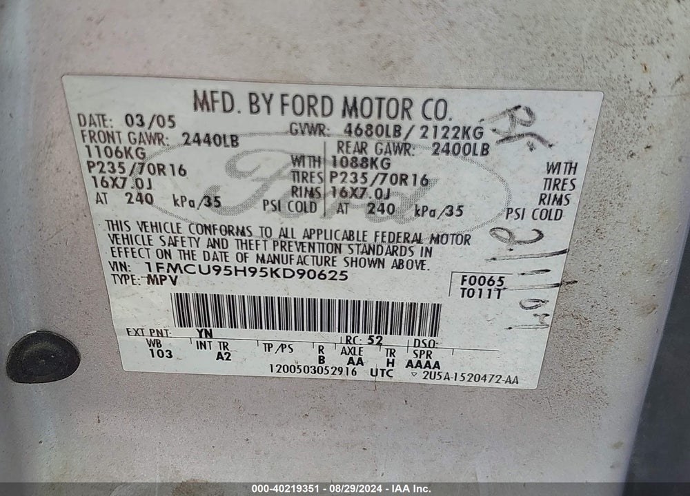 2005 FORD ESCAPE HYBRID VIN: 1FMCU95H95KD90625