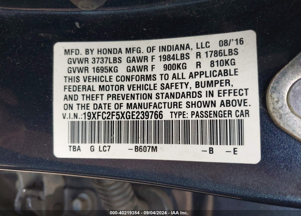 2016 HONDA CIVIC LX VIN: 19XFC2F5XGE239766