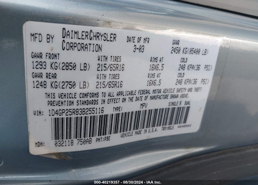 2003 DODGE CARAVAN SE VIN: 1D4GP25R83B255116