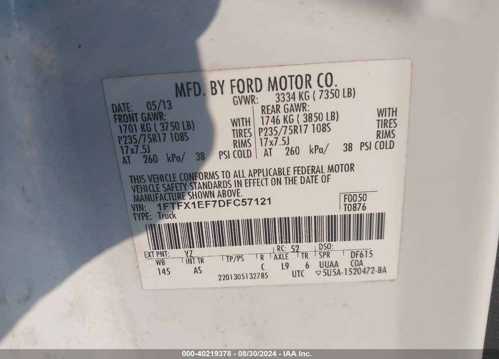 2013 FORD F-150 XL VIN: 1FTFX1EF7DFC57121