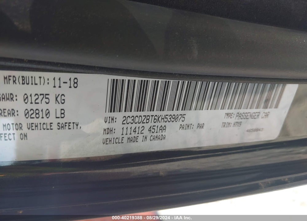 2019 DODGE CHALLENGER R/T VIN: 2C3CDZBT6KH539075