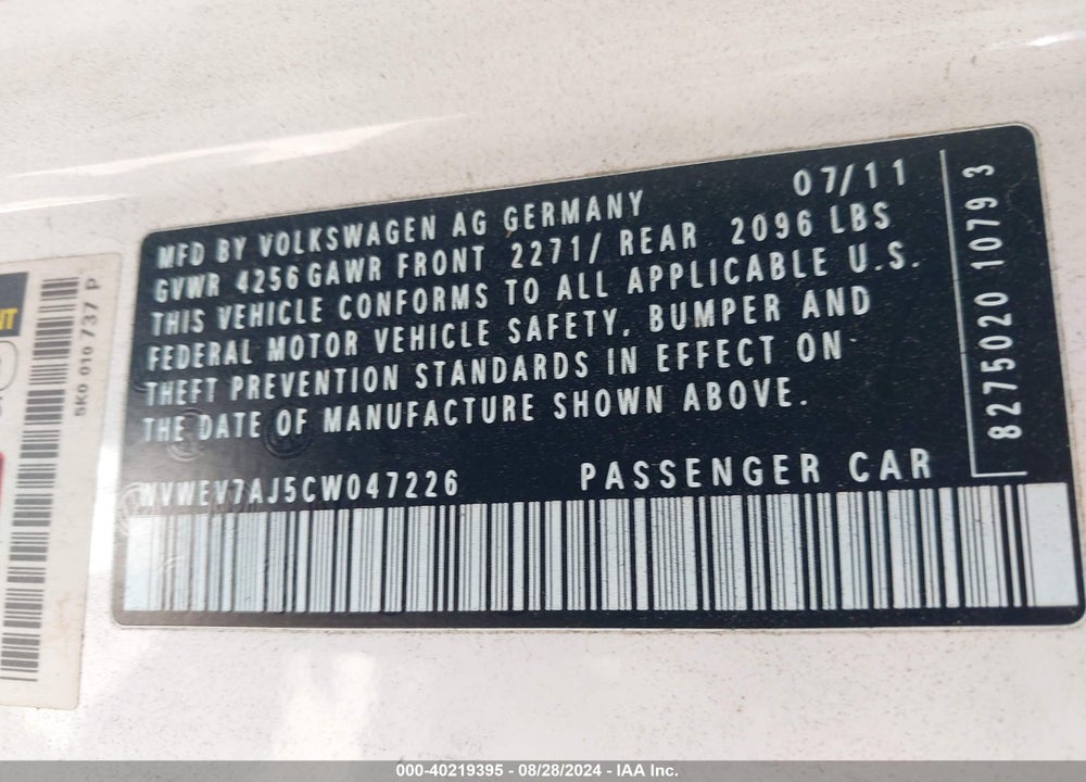 2012 VOLKSWAGEN GTI 2-DOOR VIN: WVWEV7AJ5CW047226