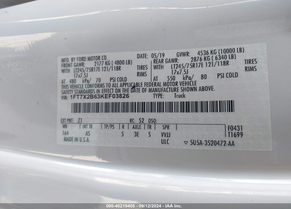 2019 FORD F-250 XL VIN: 1FT7X2B63KEF03826