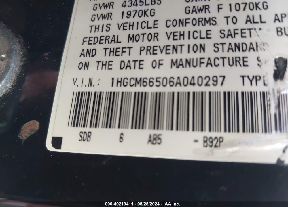 2006 HONDA ACCORD 3.0 EX VIN: 1HGCM66506A040297