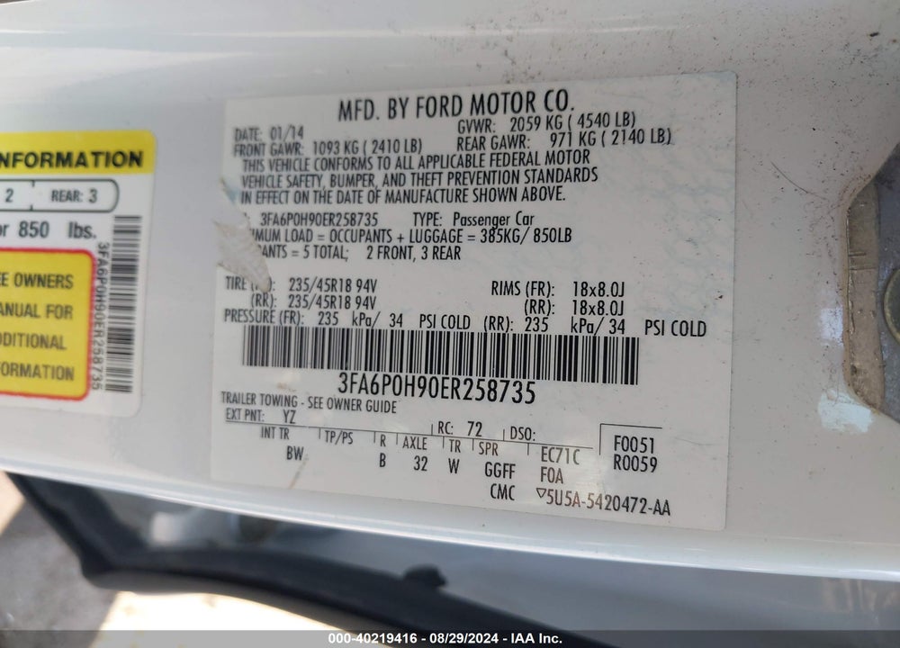 2014 FORD FUSION SE VIN: 3FA6P0H90ER258735