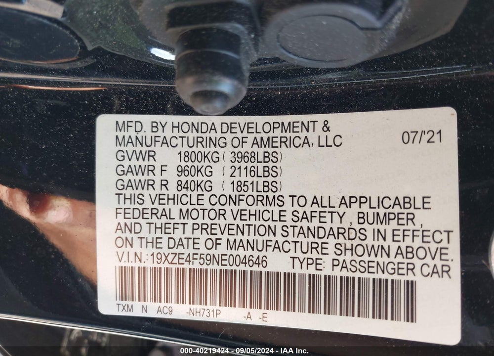 2022 HONDA INSIGHT EX VIN: 19XZE4F59NE004646