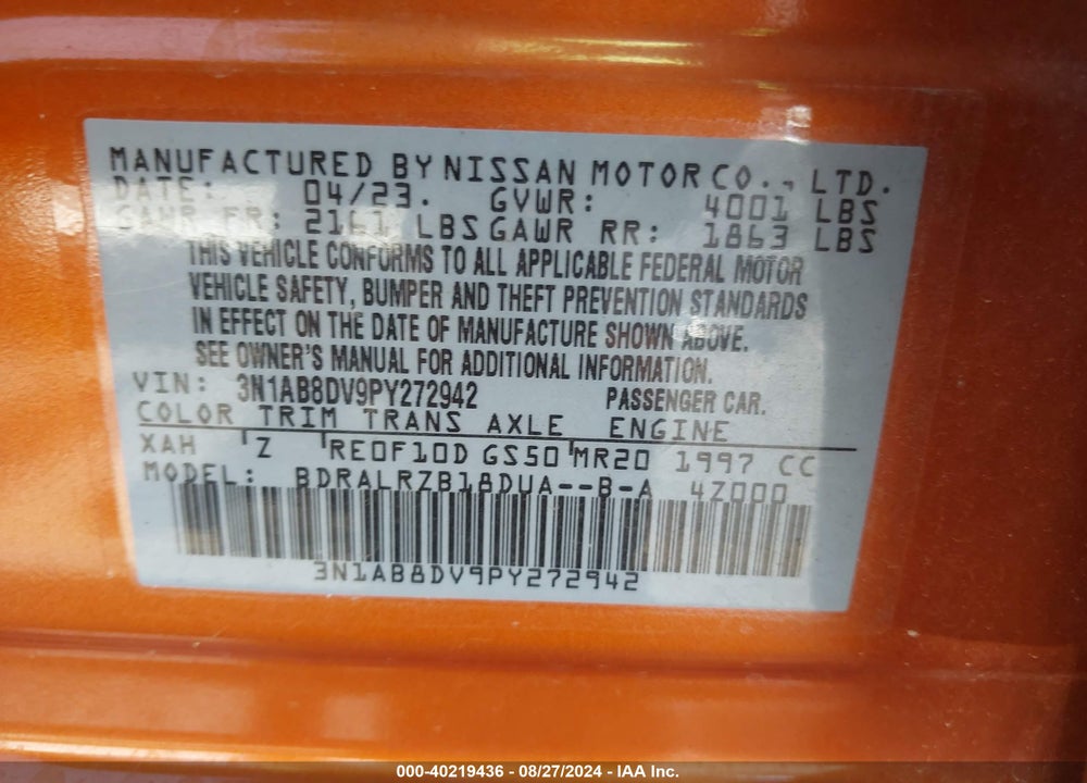 2023 NISSAN SENTRA SR XTRONIC CVT VIN: 3N1AB8DV9PY272942