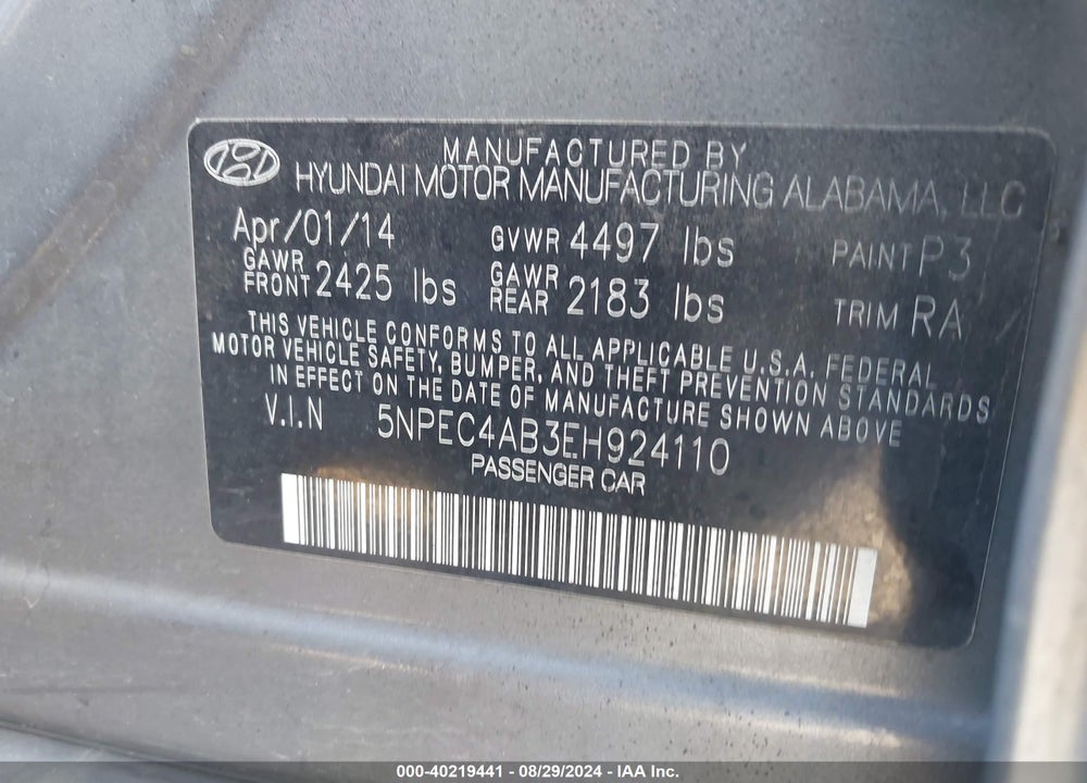 2014 HYUNDAI SONATA LIMITED 2.0T VIN: 5NPEC4AB3EH924110