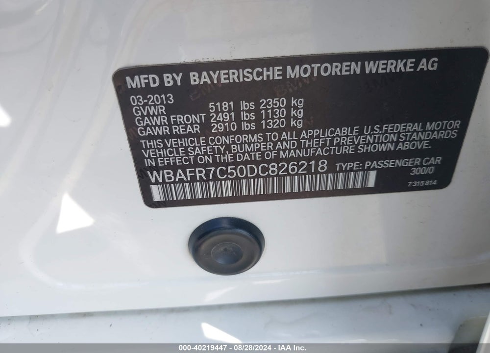 2013 BMW 535I VIN: WBAFR7C50DC826218
