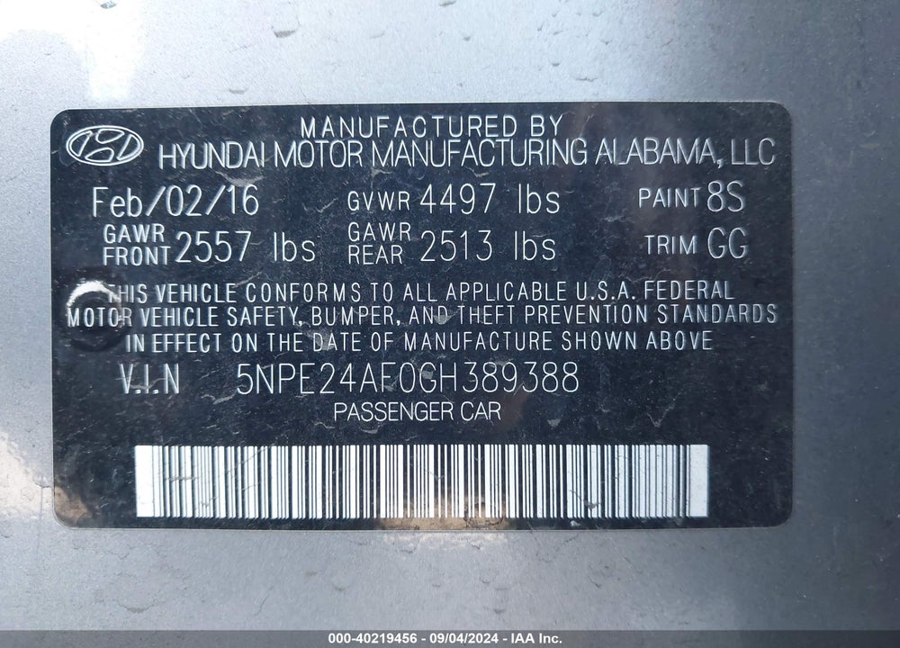 2016 HYUNDAI SONATA SE VIN: 5NPE24AF0GH389388