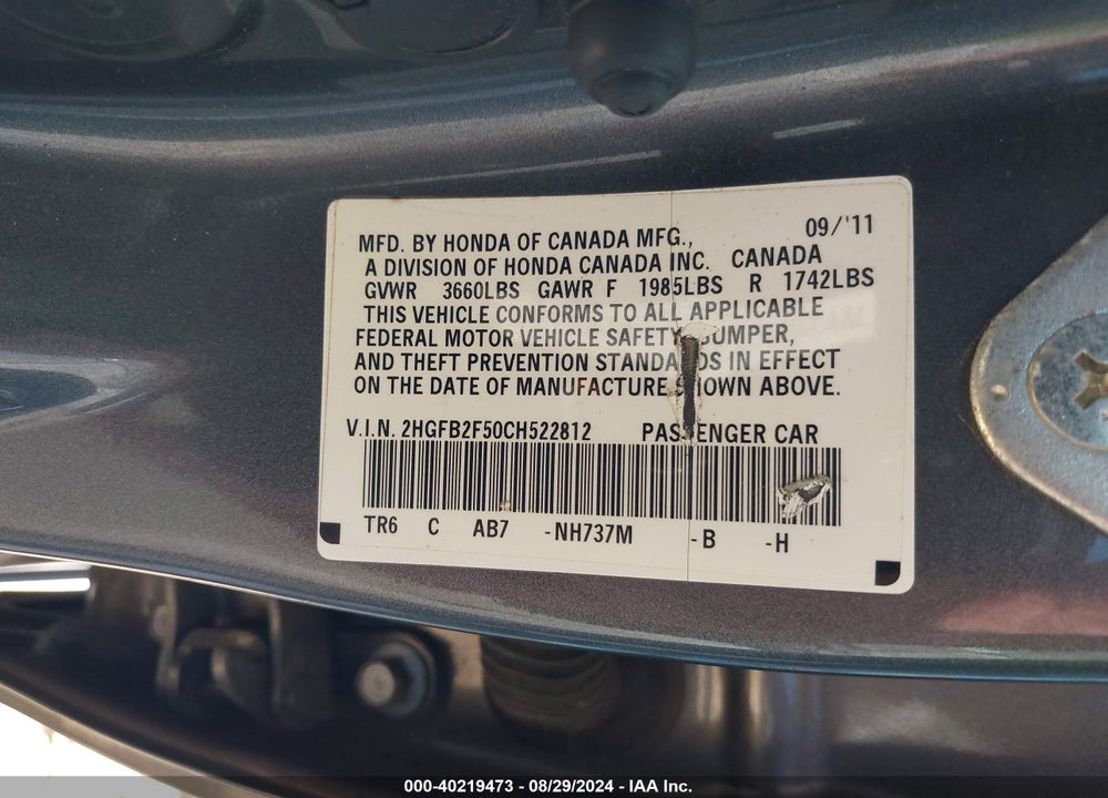 2012 HONDA CIVIC LX VIN: 2HGFB2F50CH522812