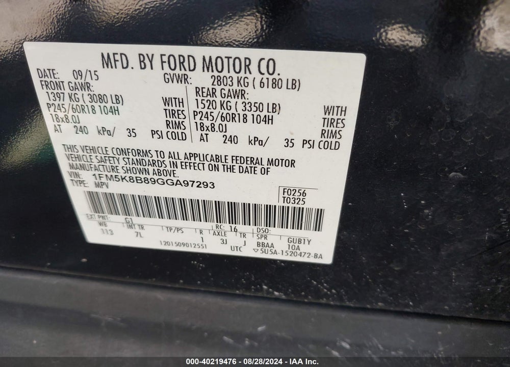 2016 FORD EXPLORER VIN: 1FM5K8B89GGA97293