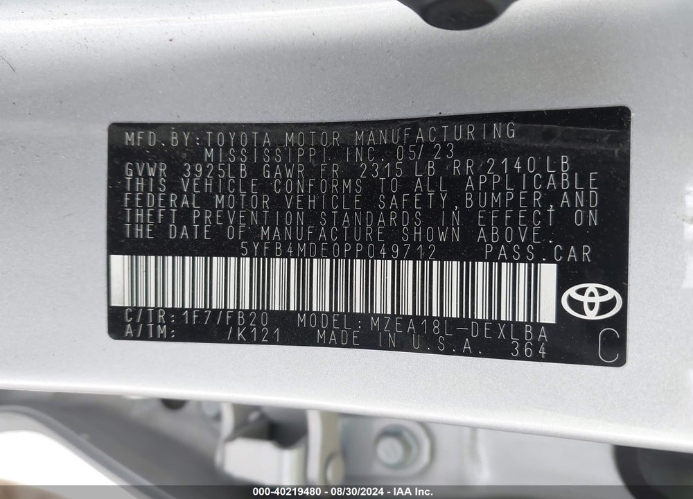 2023 TOYOTA COROLLA LE VIN: 5YFB4MDE0PP049712