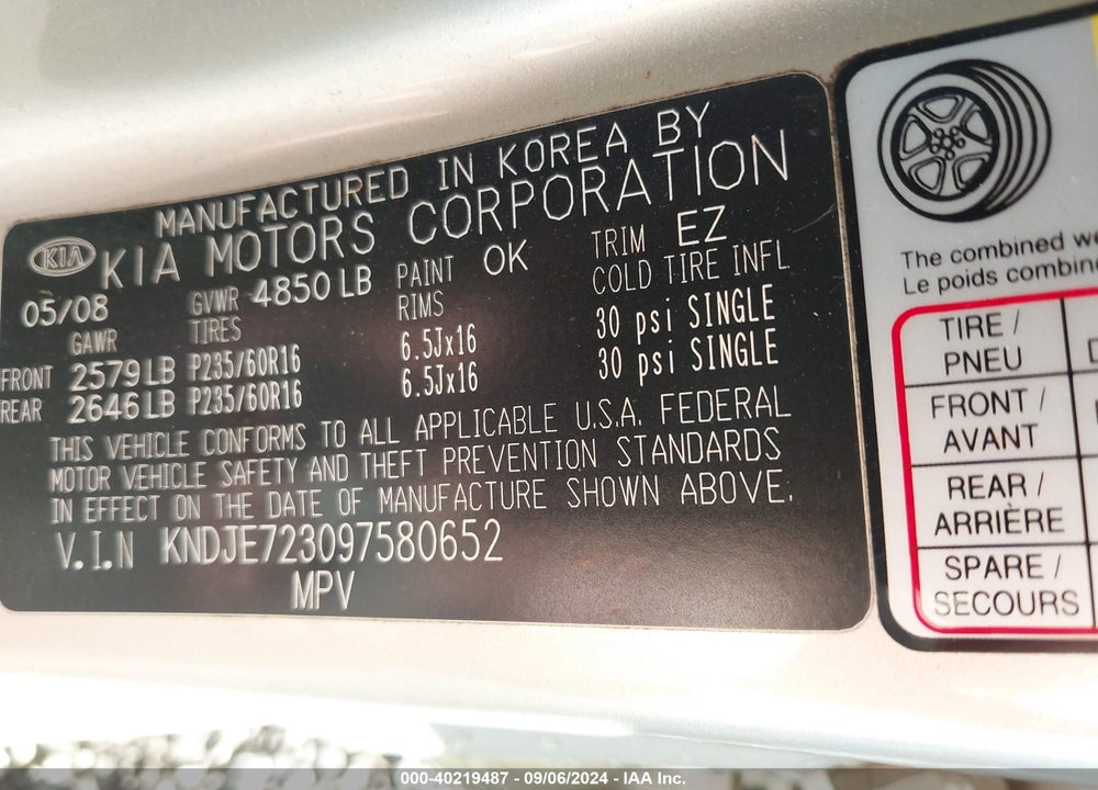 2009 KIA SPORTAGE LX V6 VIN: KNDJE723097580652
