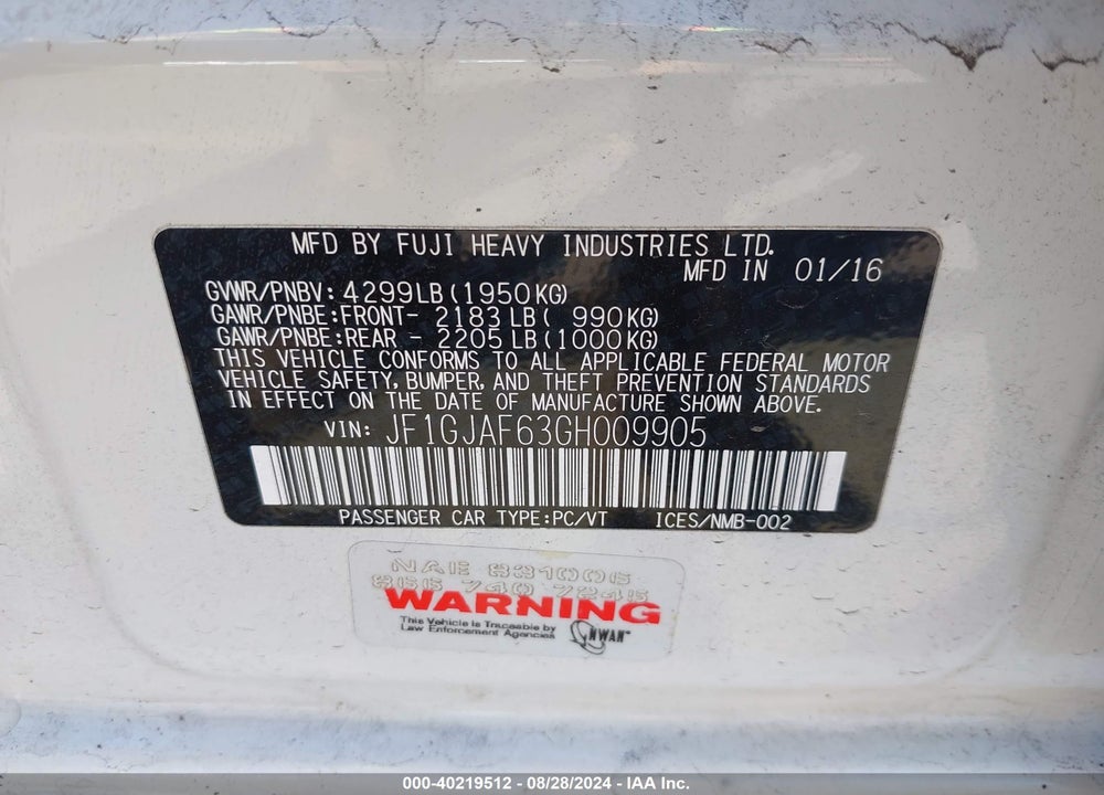2016 SUBARU IMPREZA 2.0I PREMIUM VIN: JF1GJAF63GH009905