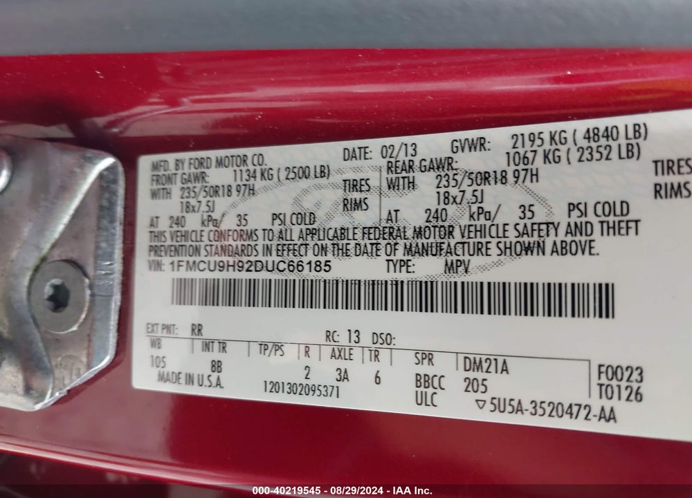 2013 FORD ESCAPE SEL VIN: 1FMCU9H92DUC66185