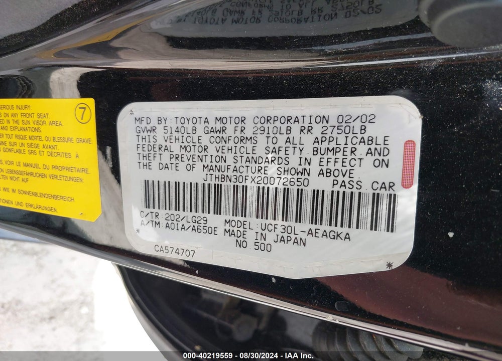 2002 LEXUS LS 430 VIN: JTHBN30FX20072650