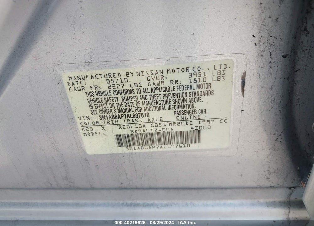 2010 NISSAN SENTRA 2.0SR VIN: 3N1AB6AP7AL697610