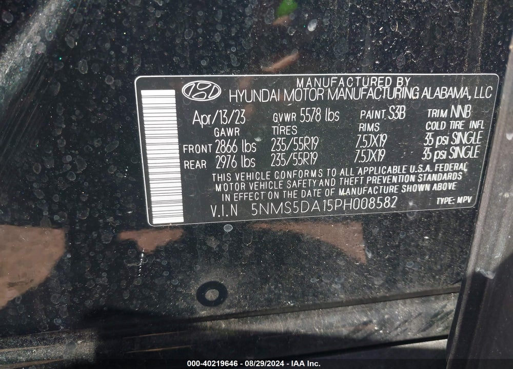 2023 HYUNDAI SANTA FE HYBRID LIMITED VIN: 5NMS5DA15PH008582