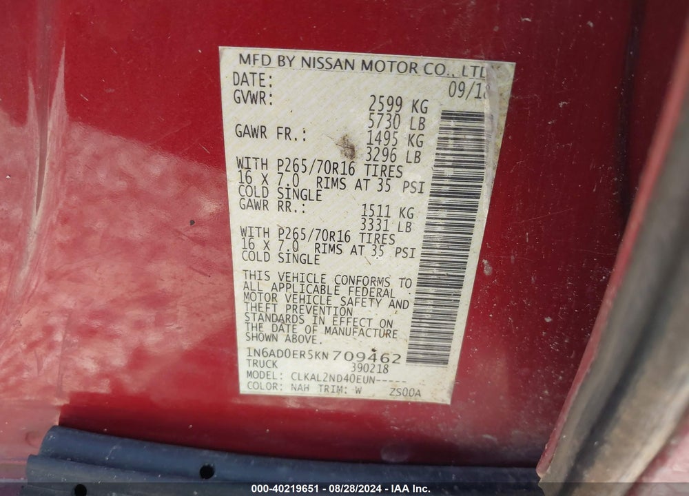 2019 NISSAN FRONTIER SV VIN: 1N6AD0ER5KN709462