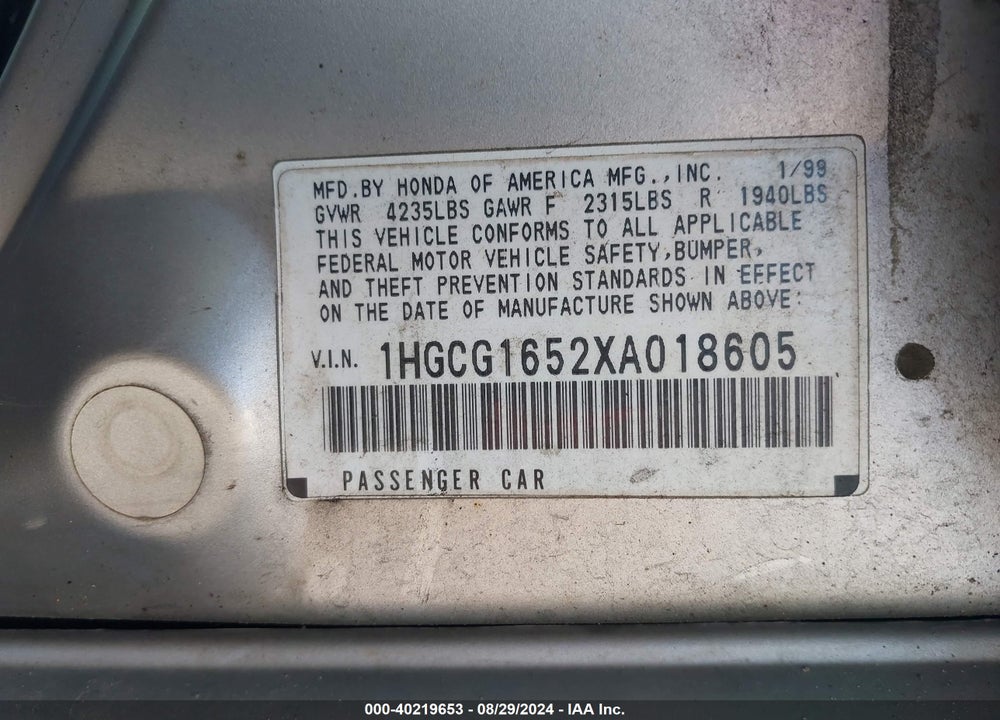 1999 HONDA ACCORD EX V6 VIN: 1HGCG1652XA018605