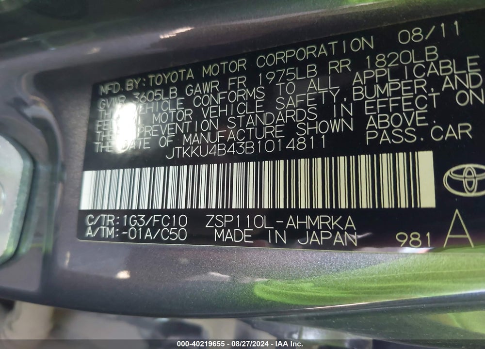2011 SCION XD VIN: JTKKU4B43B1014811
