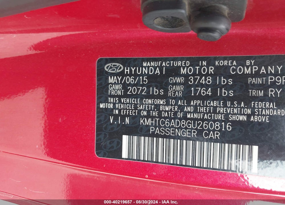 2016 HYUNDAI VELOSTER VIN: KMHTC6AD8GU260816