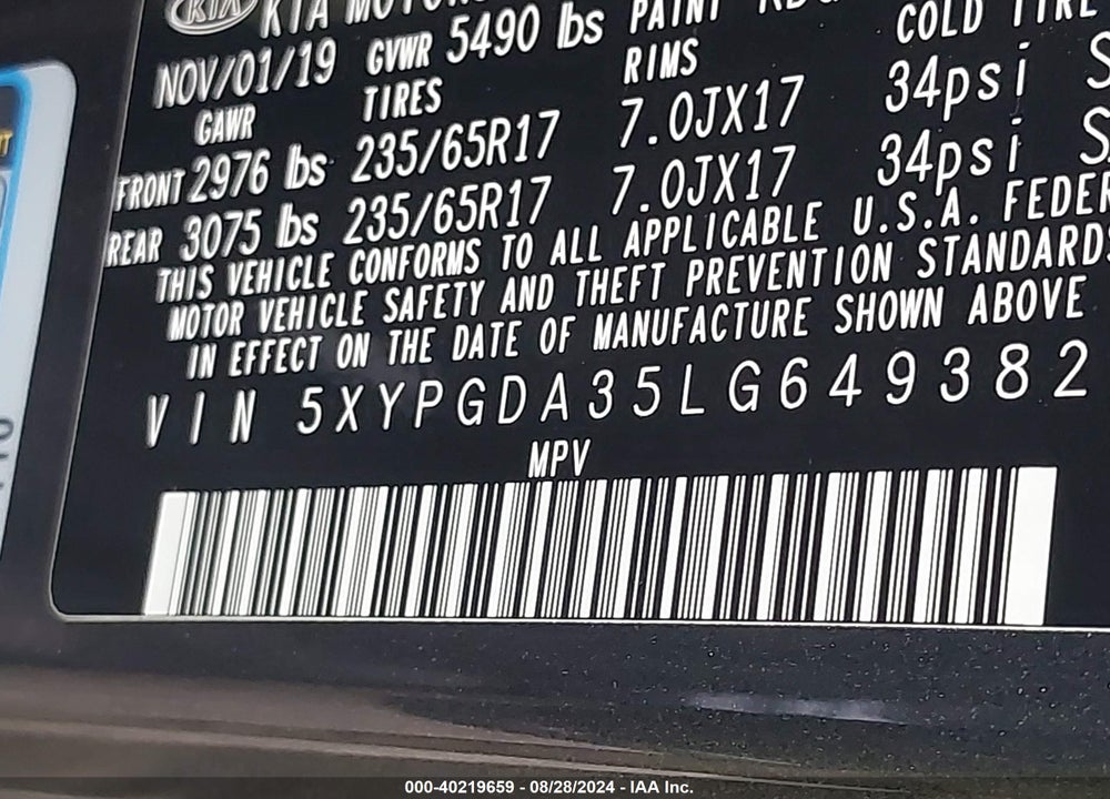 2020 KIA SORENTO 2.4L LX VIN: 5XYPGDA35LG649382