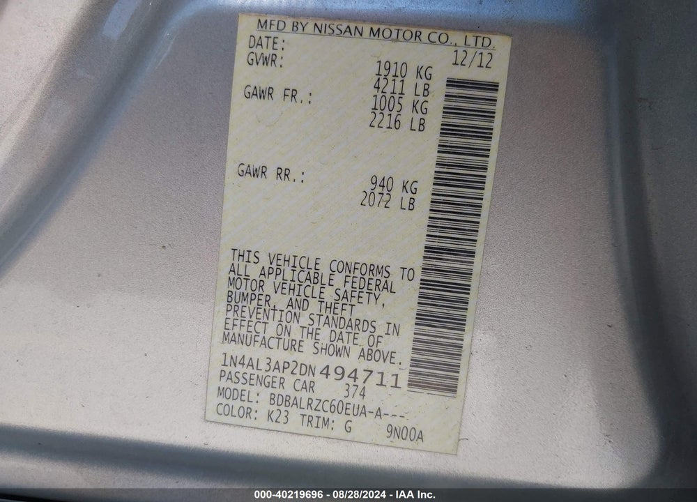 2013 NISSAN ALTIMA 2.5 S VIN: 1N4AL3AP2DN494711