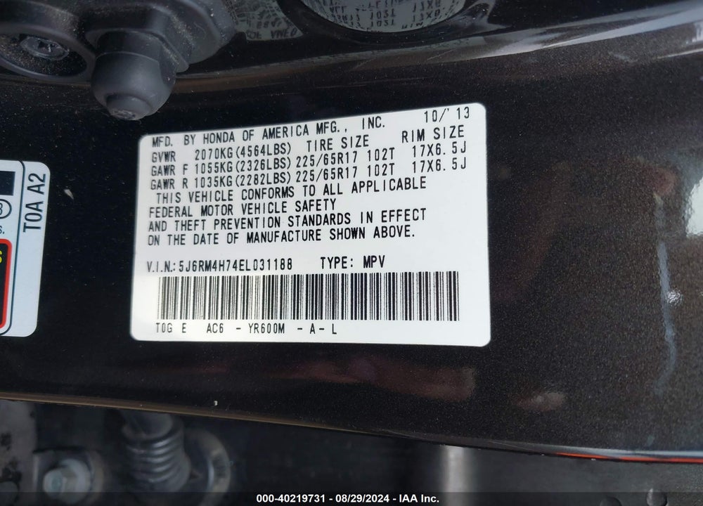 2014 HONDA CR-V EX-L VIN: 5J6RM4H74EL031188