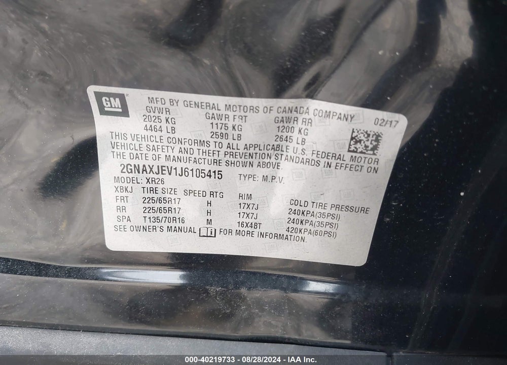 2018 CHEVROLET EQUINOX LT VIN: 2GNAXJEV1J6105415