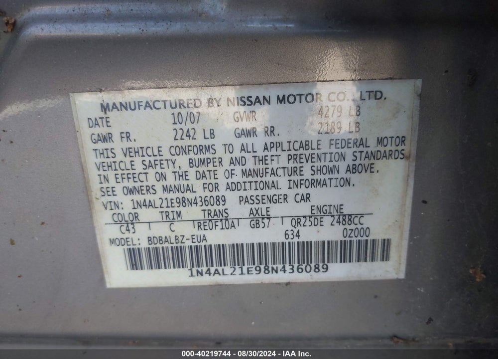 2008 NISSAN ALTIMA 2.5 S VIN: 1N4AL21E98N436089