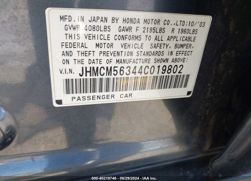2004 HONDA ACCORD 2.4 LX VIN: JHMCM56344C019802