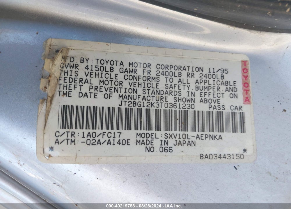 1996 TOYOTA CAMRY VIN: JT2BG12K3T0361230