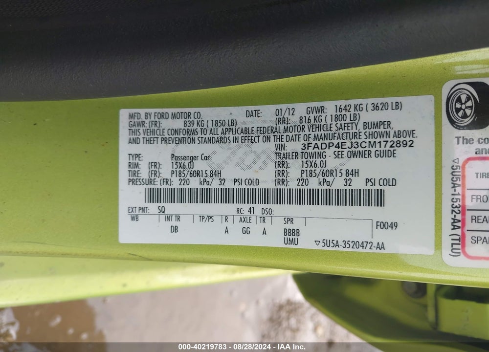 2012 FORD FIESTA SE VIN: 3FADP4EJ3CM172892