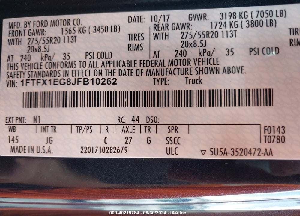 2018 FORD F-150 XL VIN: 1FTFX1EG8JFB10262