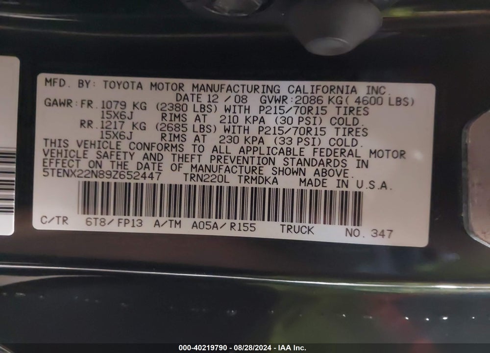 2009 TOYOTA TACOMA VIN: 5TENX22N89Z652447