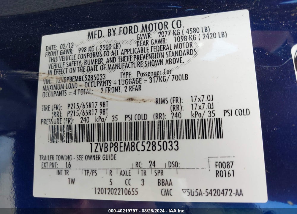 2012 FORD MUSTANG V6 VIN: 1ZVBP8EM8C5285033