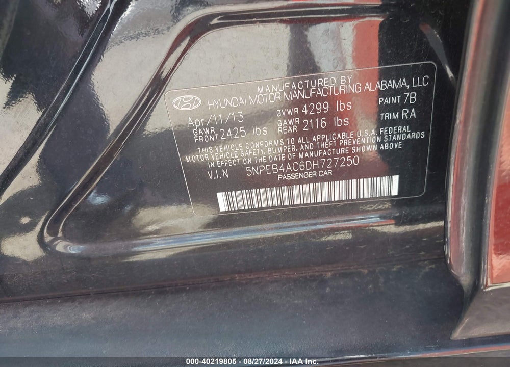 2013 HYUNDAI SONATA GLS VIN: 5NPEB4AC6DH727250