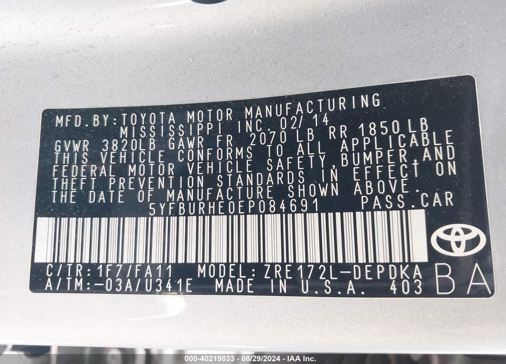 2014 TOYOTA COROLLA VIN: 5YFBURHE0EP084691