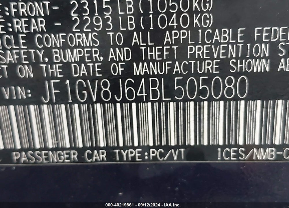 2011 SUBARU IMPREZA WRX STI VIN: JF1GV8J64BL505080