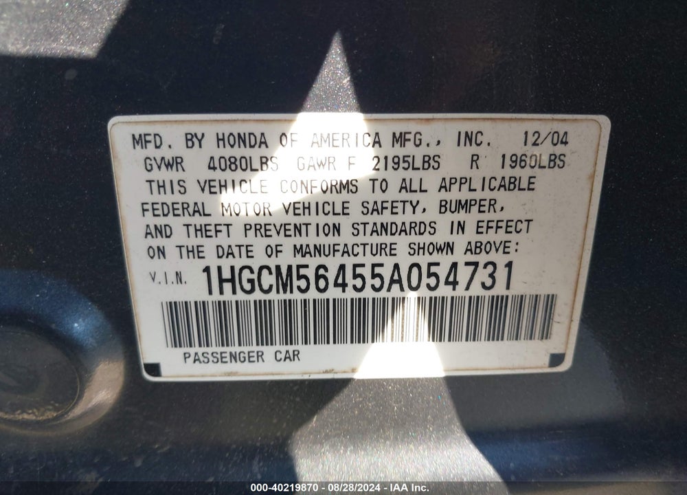 2005 HONDA ACCORD 2.4 LX VIN: 1HGCM56455A054731