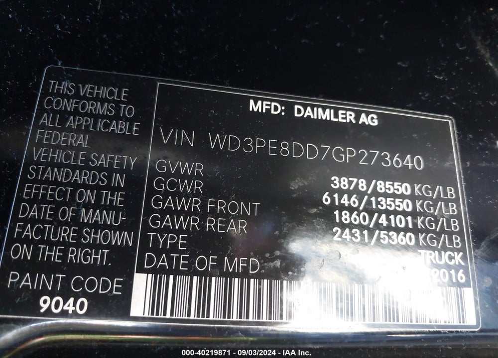 2016 MERCEDES-BENZ SPRINTER 2500 HIGH ROOF/HIGH ROOF VIN: WD3PE8DD7GP273640