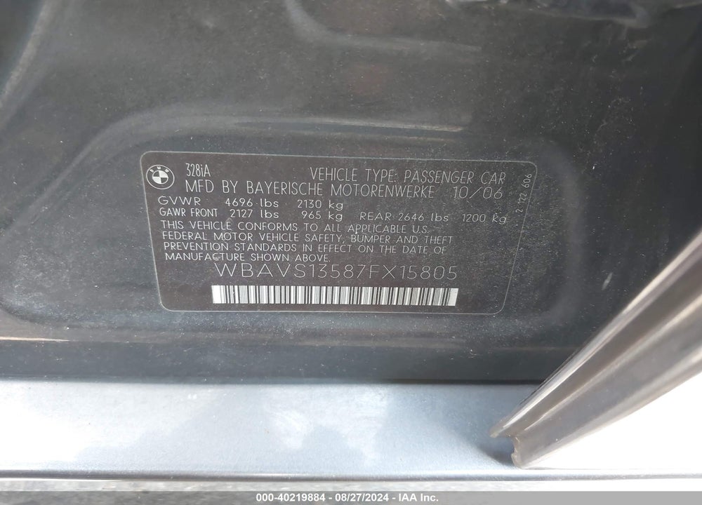 2007 BMW 328I VIN: WBAVS13587FX15805